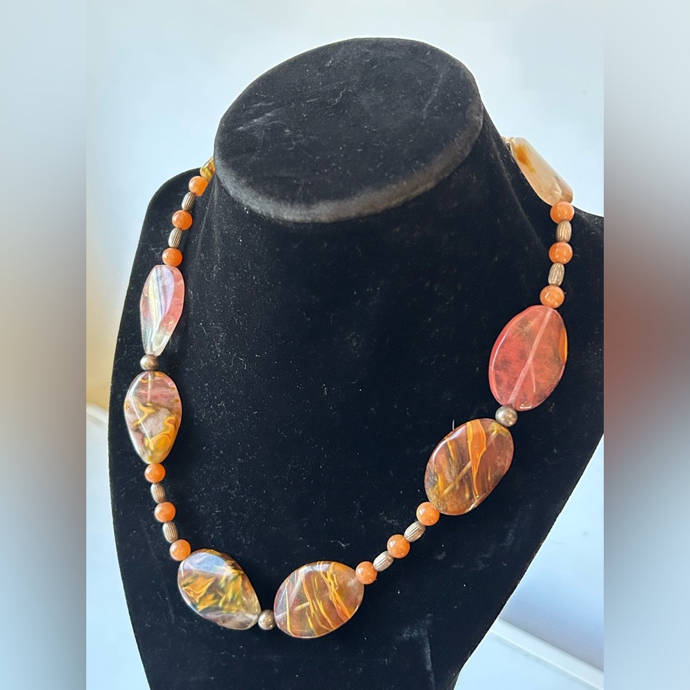 Handcrafted Fire Agate, Red Aventurine & Silver Necklace 18 1/2”